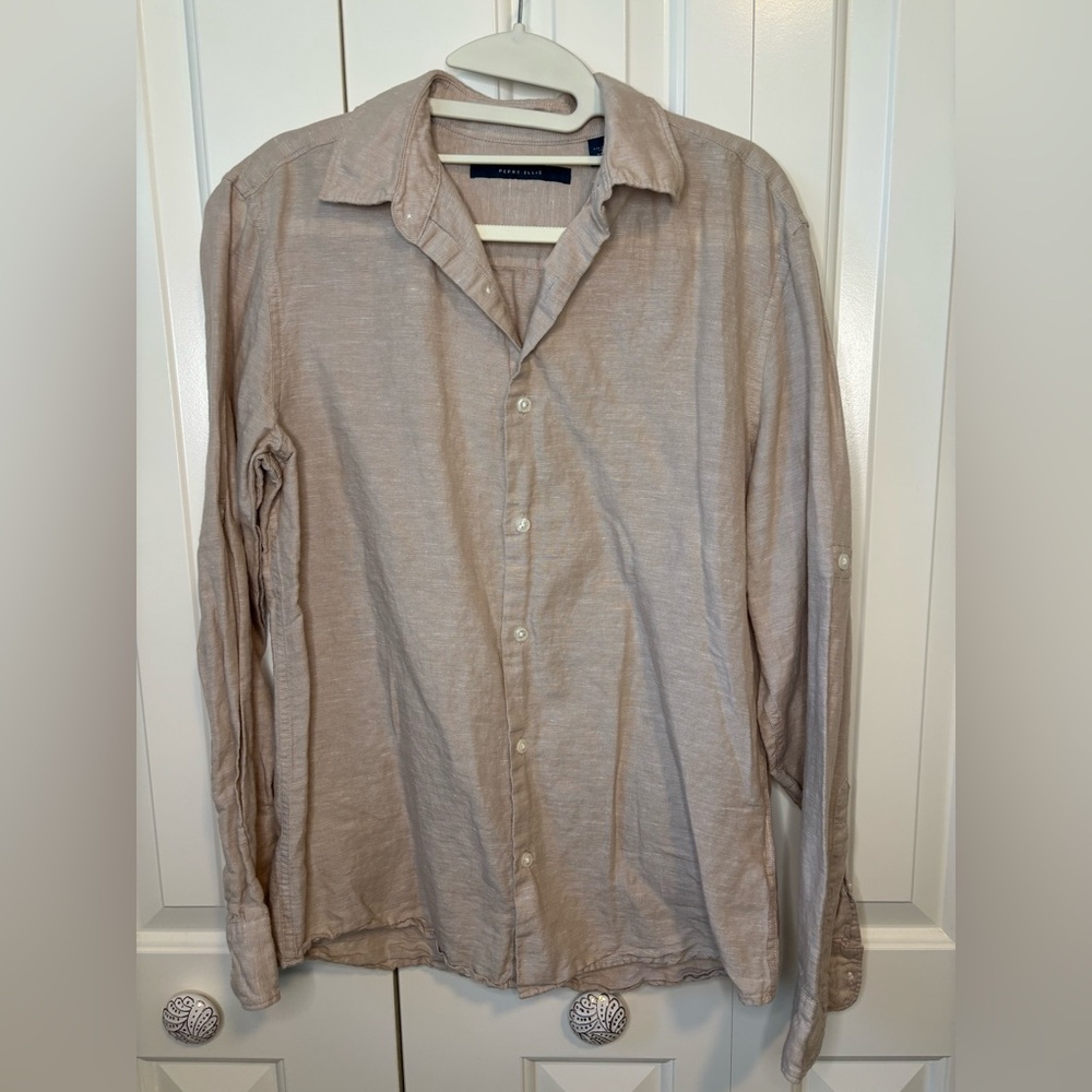 Perry Ellis Men’s Light Tan Linen Cotton Blend Shirt Size Small